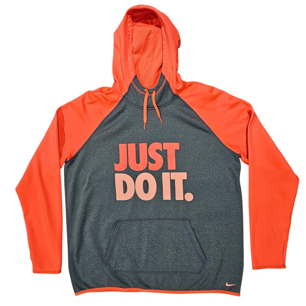 Nike Therma-FIT Mens XL Gray Orange Just Do It Pullover Hoodie Activewear